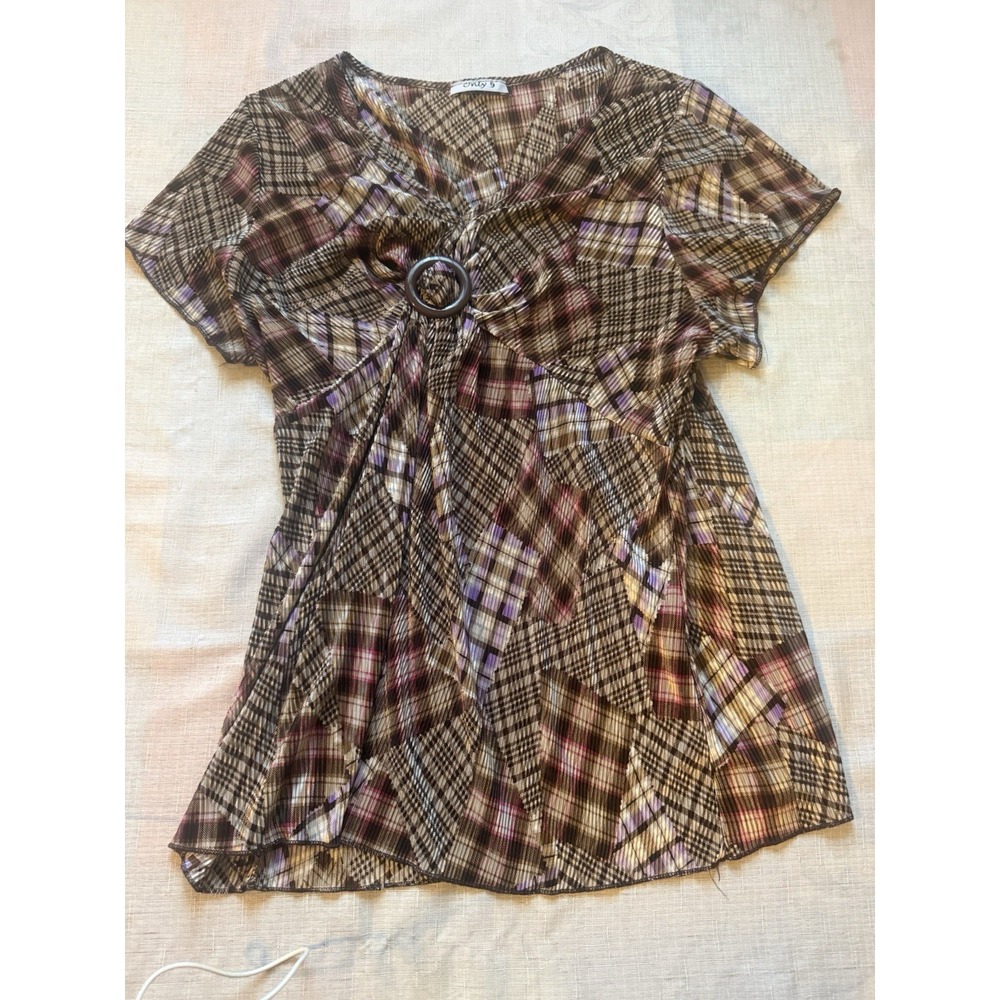 Only 9 Women's Size 9 Plaid Print Ring Detail Short Sleeve Tunic Blouse Top—1